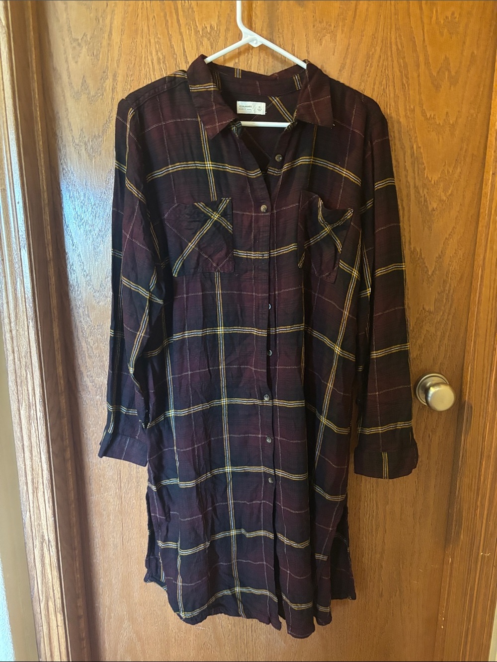 Maurices Burgundy Plaid Button-Front Midi Shirt Dress with Mustard Stripes